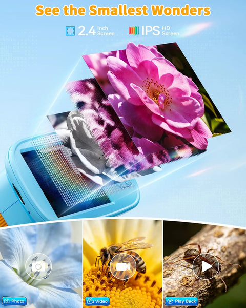 Kid Friendly Handheld Microscope With 4K Live View, 2.4 Inch IPS Screen, 1000x Magnification, Built In Camera, 12 Prepared Slides, STEM Educational Toy for Learning and Exploration, Perfect Gift for Ages 3 to 12 displaying flower, bee, and ant close-ups