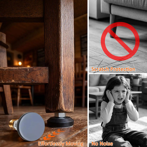 Game Changing Adjustable Furniture Levelers With Full Metal Threads And Teflon Glide Pads Smooth Operator Anti Wobble Foot Caps for tables and chairs.