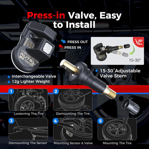 Set Of 4 MaxiTPMS Tire Pressure Sensors With 315MHz And 433MHz Snap In 1MX Rubber Stem installation process illustration