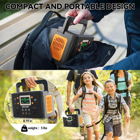 Portable Power Station Solar Generator 260W Continuous 500W Peak with 65W USB C PD Fast Charge shown in backpack and in use