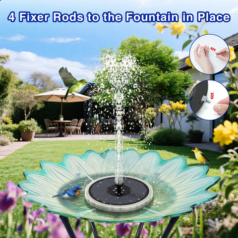 4W Solar Powered Bird Bath Fountain With Color LED Lights And 7 Nozzles, 4000mAh Battery, in a garden setting