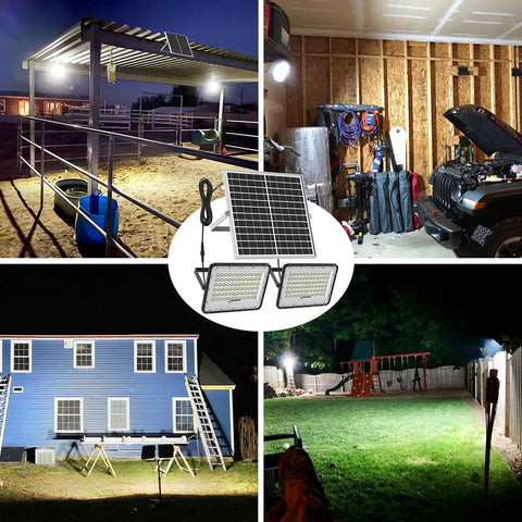 Set It And Forget It 200W Solar Flood Light Outdoor With 1500 Lumens illuminating yard, barn, shed, and garden scenes at night.