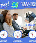 Two Pack Airplane Travel Footrest Hammock For Relaxing Your Feet On Long Flights in use by passengers for comfort.