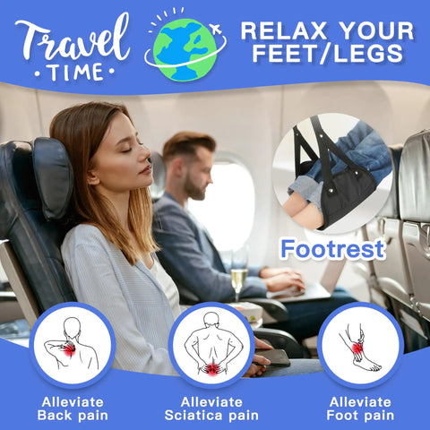 Two Pack Airplane Travel Footrest Hammock For Relaxing Your Feet On Long Flights in use by passengers for comfort.