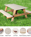 Three Piece Fitted Tablecloth And Bench Cover Set For 6 Foot Tables 30 By 72 Inch Vinyl With Elastic Edges shown on picnic table