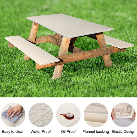 Three Piece Fitted Tablecloth And Bench Cover Set For 6 Foot Tables 30 By 72 Inch Vinyl With Elastic Edges shown on picnic table