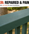 Heavy Duty Wood Repair Kit with Penetrating Epoxy Resin and Wood Filler for Restoring Broken Boards and Deck Planks Using the 48 Oz Set for Waterproof Fixes That Go On Like Butter and Lock Down No Sweat for Rock Solid Results. Repaired and painted green deck railing.