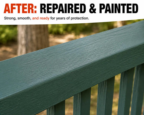 Heavy Duty Wood Repair Kit with Penetrating Epoxy Resin and Wood Filler for Restoring Broken Boards and Deck Planks Using the 48 Oz Set for Waterproof Fixes That Go On Like Butter and Lock Down No Sweat for Rock Solid Results. Repaired and painted green deck railing.