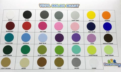 Vinyl color chart with 35 options including orange and grey for Bold Orange And Grey Polka Dot Vinyl Wall Decals Set Of 30 Removable Adhesive Stickers for Nurseries Kids Rooms and Bathrooms Safe On Smooth Or Textured Walls Peel And Stick Decor.