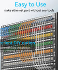 Ethernet cables connected to a patch panel, demonstrating the Cat6 Keystone Coupler 24 Pack Female to Female Ethernet Jack in use.