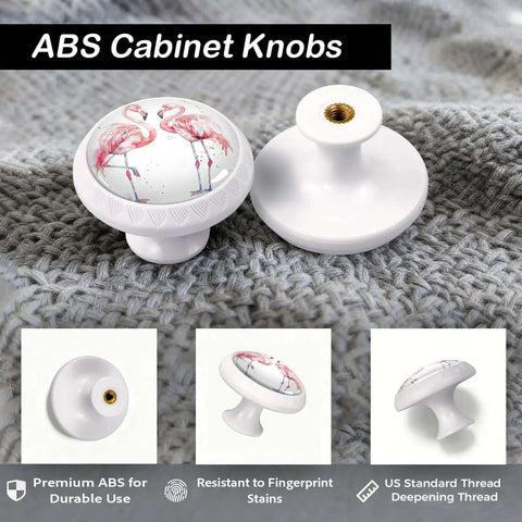 Pink Flamingo Cabinet Knobs 4 Pack for Kitchen and Bathroom Watercolor Flamingo Design showcased on grey fabric