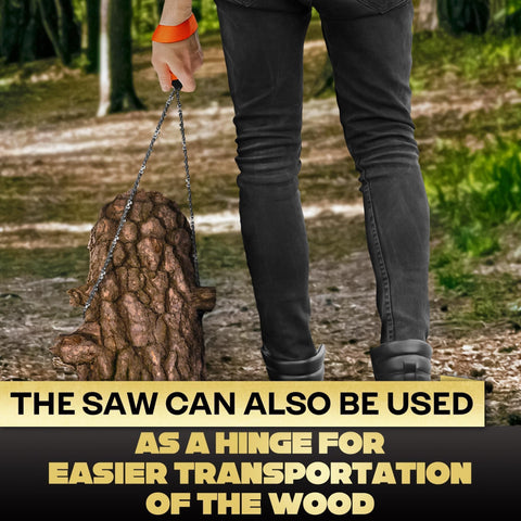 Person carrying wood using Pocket Chainsaw For Survival with Bag Stainless Steel 25 Inch Folding Tree Saw as a hinge in forest.