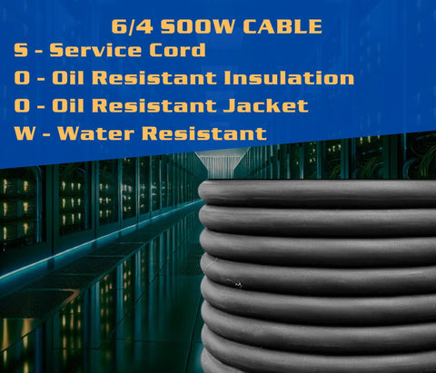 Top Shelf 6 Awg Portable Power Cable Featuring Four Thick Copper Conductors Protected By A Heavy Duty Black Soow Jacket.