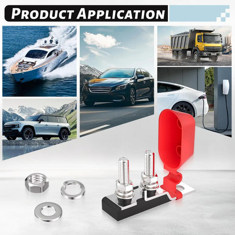 Badass Heavy Duty Marine Grade Battery Terminal Fuse Holder With Killer Dual Circuit Protection And Weatherproof Cap For Trucks Campers And Work Rig Gear displayed with washers and mounting hardware.