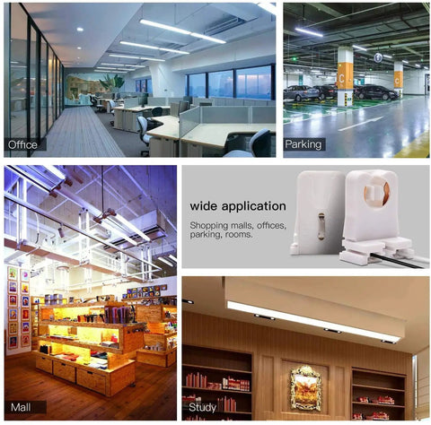 Collage of office, parking, mall, and study spaces using Bulk 30 Pack Non Shunted Turn Type T8 Lamp Holder UL Socket Tombstone