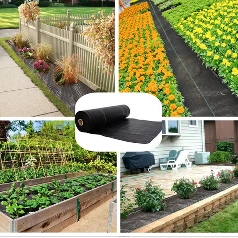 17 Inch Wide By 50 Feet Long Heavy Duty Landscape Fabric Weed Barrier used in garden beds, pathways, and under gravel with flowers.
