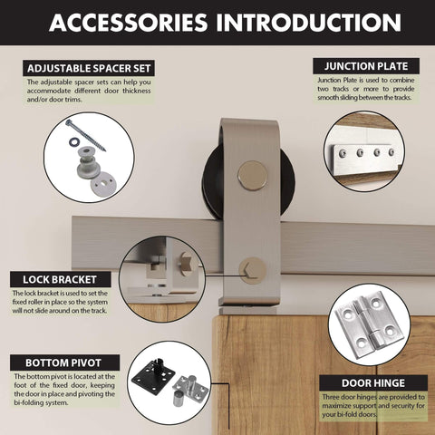 Accessories for Beefy 60 Inch Brushed Nickel Top Mount Bi Folding Sliding Barn Door Hardware Kit