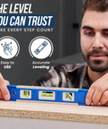 Man using level from Stair Tread Template Tool For DIYers And Beginners, Stair Gauge Set With Carpenter Pencil And Level, Solid Metal Steel Jig