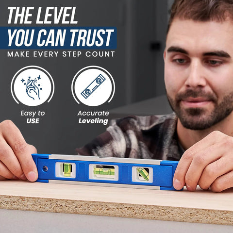 Man using level from Stair Tread Template Tool For DIYers And Beginners, Stair Gauge Set With Carpenter Pencil And Level, Solid Metal Steel Jig