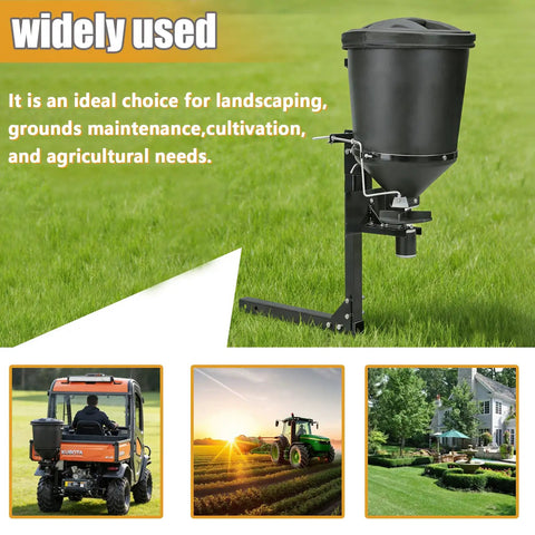 UTV Broadcast Spreader For Salt Grass Seed Fertilizer And More With 15 Gallon Hopper Black shown in landscaping use