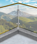 Pro Grade 316 Stainless Steel Glass Railing Corner Post Brushed Silver Metal Base Mount at deck corner with mountain view.