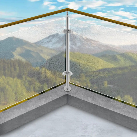 Pro Grade 316 Stainless Steel Glass Railing Corner Post Brushed Silver Metal Base Mount at deck corner with mountain view.