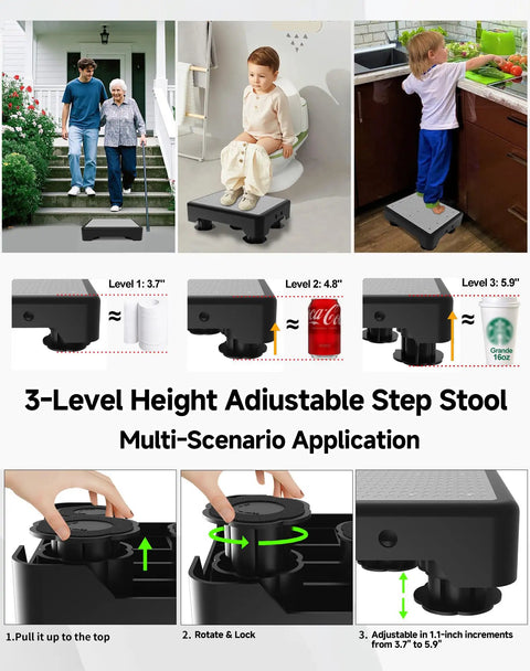 Heavy Duty Adjustable Step Stool For Adults And Kids, 660 Lbs Capacity, Non Slip Safety Platform, Ultra Stable 5 Leg Base