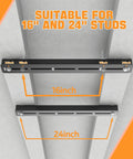 Heavy Duty Overhead Garage Storage Rack System, 26 Inch Adjustable Ceiling Bin Organizer showing 16 and 24 inch stud suitability