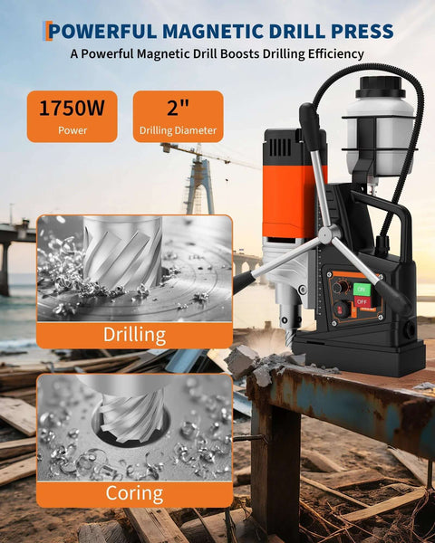 GarveeTech magnetic drill press, 1750W, 2-inch bore, orange and black portable mag drill with control panel.