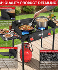 Two Burner Camping Stove With Windscreen And Side Shelves Bag Auto Ignition Regulator 150000 BTU High Pressure Propane Burner setup