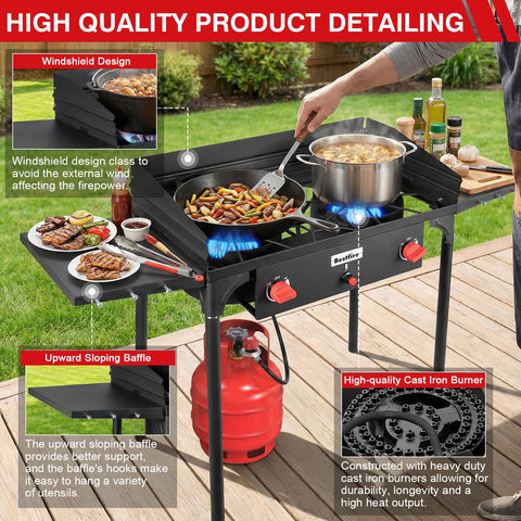 Two Burner Camping Stove With Windscreen And Side Shelves Bag Auto Ignition Regulator 150000 BTU High Pressure Propane Burner setup