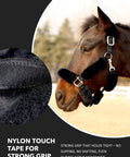 Horse wearing fleece halter covers with nylon touch tape, part of a Fleece Halter Covers For Horses Set Of 9 Padded Halter Liners.