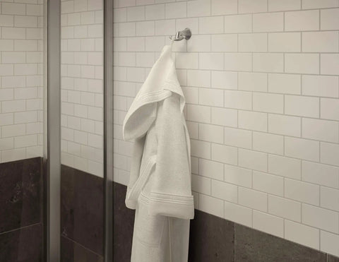 Wall-mounted robe hook from the Elm 4 Piece Wall Mounted Bathroom Hardware Set in Satin Nickel, holding a white robe.