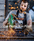 Person using power tool wearing noise cancelling ear muffs for adults and kids with 35dB hearing protection in loud environment.