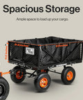 Heavy Duty Steel Garden Cart Beast With 660 Pound Hauling Capacity And Fast Dump Bed Towable Utility Wagon With 10 Inch Pneumatic Tires showing spacious storage dimensions.