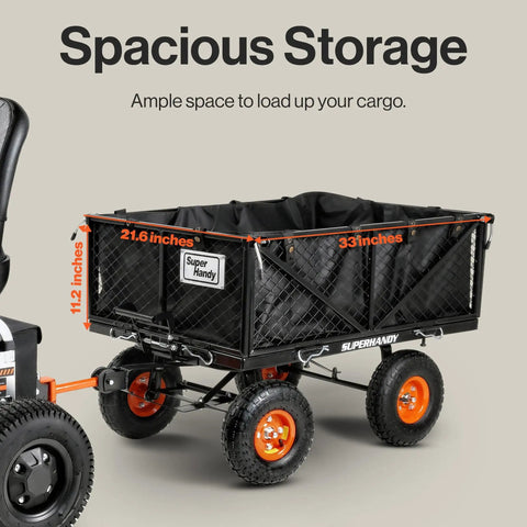 Heavy Duty Steel Garden Cart Beast With 660 Pound Hauling Capacity And Fast Dump Bed Towable Utility Wagon With 10 Inch Pneumatic Tires showing spacious storage dimensions.