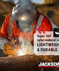 Welding scene with PL280 Pipeline Welding Helmet Shade 10 Flip Front Hood Built For Tight Spots ANSI Z87.1 Made In USA Compact Bucket Style.