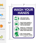 Keep Hands Clean With This Please Wash Your Hands Sign Stickers 4 Pack 10 By 7 Inch 4 Mil Vinyl Self Adhesive Weatherproof UV Protected Indoor Outdoor Employee Hand Washing Sign, showing handwashing instructions.