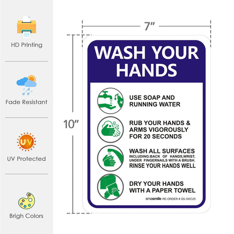 Keep Hands Clean With This Please Wash Your Hands Sign Stickers 4 Pack 10 By 7 Inch 4 Mil Vinyl Self Adhesive Weatherproof UV Protected Indoor Outdoor Employee Hand Washing Sign, showing handwashing instructions.