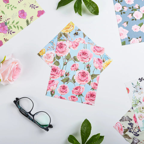 Eight-pack microfiber cleaning cloths, 7 x 6 inches, multicolor floral patterns for eyeglasses, camera lenses, phones, laptops