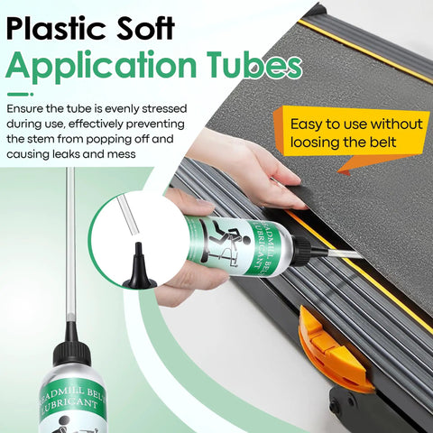 8oz Silicone Treadmill Belt Lubricant application with tube and precision cap on treadmill belt