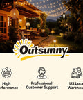 Outdoor patio with string lights and furniture, overlay text highlighting Outsunny's high performance, customer support, and local warehouse services.