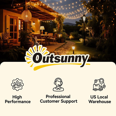 Outdoor patio with string lights and furniture, overlay text highlighting Outsunny's high performance, customer support, and local warehouse services.