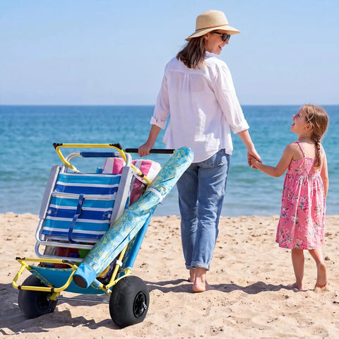2 In 1 Beach Cart And Table With Big Balloon Wheels For Sand Flip From Cart To Table For Drinks And Gear at beach with family