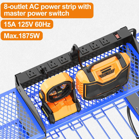 40 Inch Wall Mounted Power Tool Organizer With Charging Station for Cordless Tools, 8-outlet power strip, blue rack.