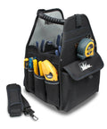 Heavy Duty Professional Tool Carrier With Thirty Four Pocket Layout Removable Drill Bit Sleeve Tape Measure Holder Sturdy Molded Carry Handles built tough for tradesmen, showing pockets with tools.
