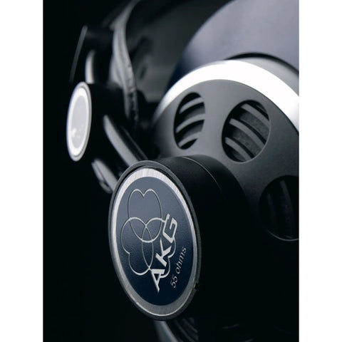 Close-up of Semi Open Back Studio Over Ear Headphones With Patented Varimotion 30mm XXL Driver highlighting AKG logo