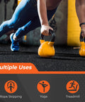 Person using kettlebells on Interlocking Gym Floor Mats With Rubber Top 0.4 Inch Thick 24 Pieces Covering 96 Sq Ft Dual Layer High Density EVA Foam Base With Rugged EPDM Rubber Surface Heavy Duty Home Gym Flooring For Exercise Gear Black And Grey