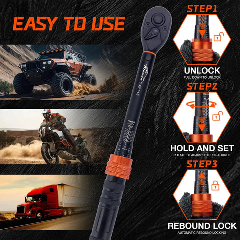Three Eighths Inch Drive Torque Wrench 5 To 45 Ft Lb 6.8 To 61 Nm With Three Percent Accuracy Pro Grade 72 Tooth Dual Direction Mini Torque Wrench Featuring Reversible Head Quick Release And Dual Scale For Bike Maintenance. Compact torque wrench with dual-scale settings and lock steps.