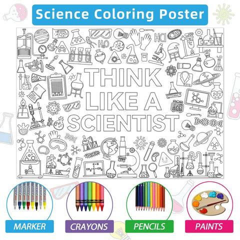 Big Science Coloring Poster For Kids Giant Chemistry Lab Theme Coloring Sheet 31.5 By 43.3 Inches with 'Think Like A Scientist' text